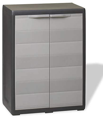 GOTOTOP Niedriger Gartenschrank 65 x 38 x 87 cm, Gartenschrank aus Polypropylen mit 2 Türen und 1 Einlegeboden, belüftet, mit Ablaufrillen, Schwarz und Grau