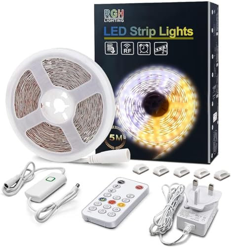 LED Strip Lights Warm White, 5m Dimmable LED Light Strip with RF Remote, 300 Bright 3000K 2835 LEDs, Plug-in Adhesive Rope Lights with Timing Mode for Living Room Bedroom Kitchen Cabinet Mirror Decor