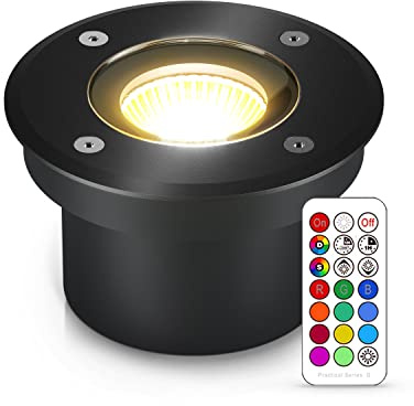 lambado® Flacher LED Bodenstrahler RGB für Aussen mit Farbwechsel dimmbar inkl. Fernbedienung - Schwarz runde Bodenleuchte/Bodeneinbaustrahler IP67 - Wasserdicht & Befahrbar