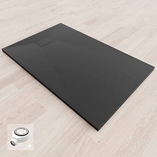BAYA Receveur de douche extra-plat aspect pierre ardoise Noir 90 x 120 cm + bonde
