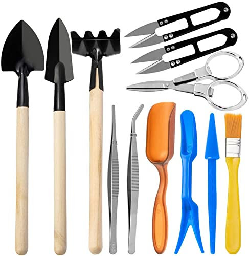 RoseFlower Bonsai Tools Kit, Set-12 pcs Succulent Mini Transplanting Tools Set Garden Bonsai Tree Care Kit -Included Bonsai Leaf Trimmer,Tweezer,Spade,Rake, Fold Scissors, transplanting tools