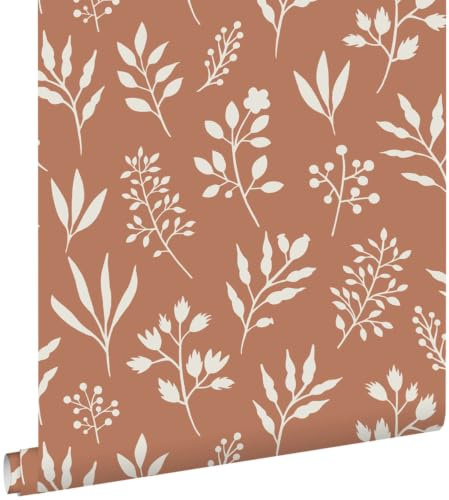 papier peint fleurs au style scandinave terracotta et blanc 53 cm x 10.05 m - ESTAhome