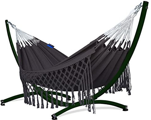 Potenza Outdoor Hängematte mit Gestell für 2 Personen I Medelin Boho- 100% Baumwolle Doppelhängematte 230x160, 200kg I Hängemattengestell 220kg, wetterfest