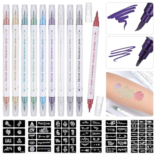 Huiguli Tattoo Stifte Kinder, 10 Farben Temporäre Tattoo Markierungen mit 76 Schablonen, Wasserfeste Tattoostifte für Kinder und Erwachsene Fasching Halloween Party