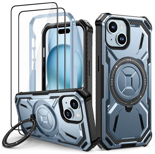 Lanhiem Coque iPhone 15 avec 2 Verre Trempé, Antichoc Étui de Militaire Protection, Anneau Support Renforcée Armure Etui pour iPhone 15 Housse, Bleu