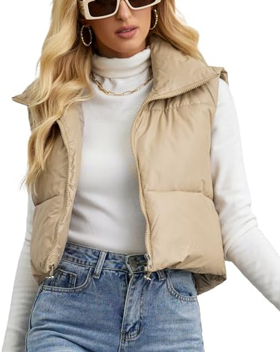 FEOYA Gilet matelassé sans manches en duvet de coton pour femme - Col montant - Fermeture éclair - Rembourré - Avec cordon de serrage réglable - Gilet d'hiver chaud - M-2XL, Kaki (01), L