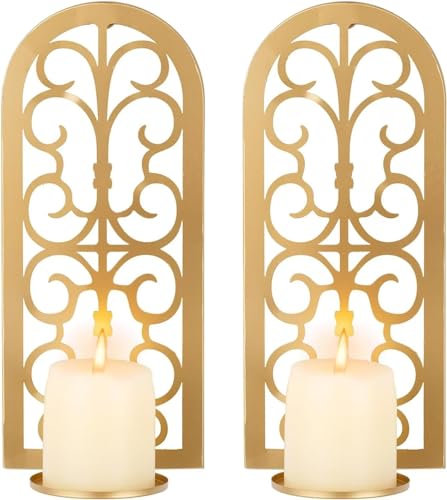 Metall-Kerzenhalter Wand-Kerzenhalter (2er Set), Vintage Wand-Kerzenhalter für die Dekoration von Wohnzimmern, Schlafzimmern, Kaminen und Badezimmern Teelicht Stumpenkerze Wall Art Decor, Gold