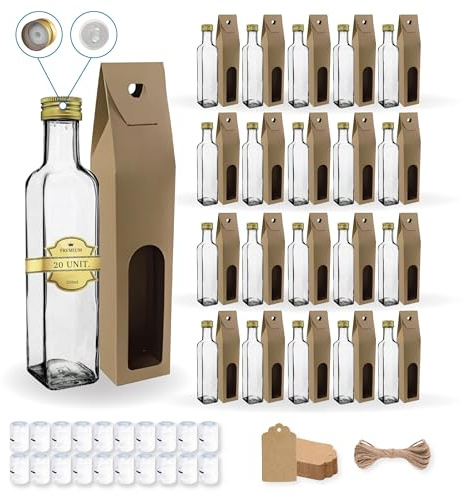 Set 20 Bottiglie di Vetro 250 ml con Tappo Dorato e Beccuccio + 20 Scatole, 20 Sigilli e 20 Etichette Kraft – Oliera Regalo per Olio e Aceto | Espirito Rebelde