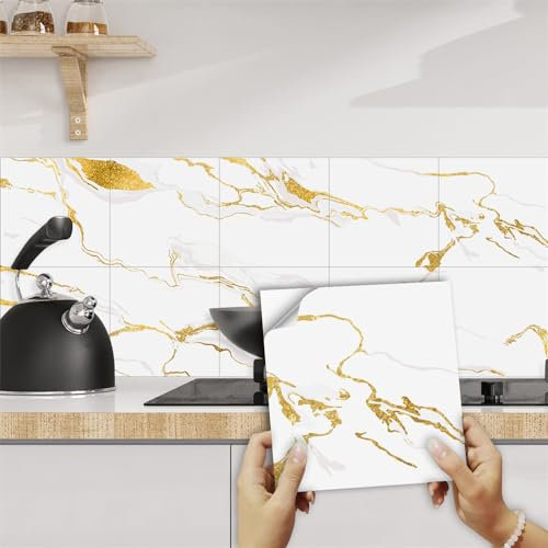 Adesivi Murali Marmo Dorato Beige Pavimento PVC Adesivo Piastrelle Adesive Cucina Impermeabile Adesivi Murali Cucina Durevole Piastrelle Adesive Paraschizzi Cucina Adesivo 30x30cm/10 Pcs