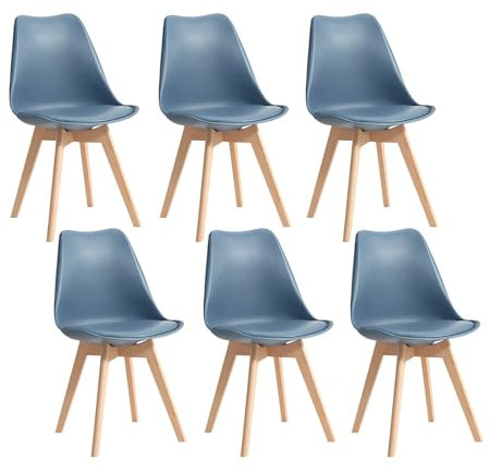 TTATC 6er Set Esszimmerstühle, Moderne Küchenstühle, Wohnzimmerstühle, Kunstleder, gepolsterte Sitzfläche, Holz, Navy blau