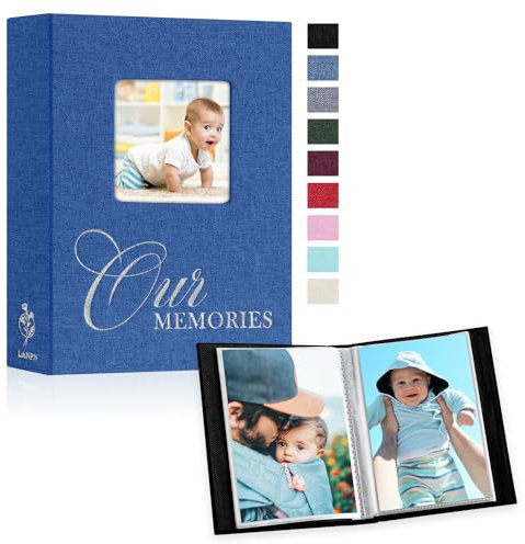 Lanpn Album Fotografico 10x15 100 Foto 2 Confezioni, Finestra OURMEMORIES Lino Piccolo Mini Album Foto Portafoto Verticale Tascabile Tasche Tasca Blu