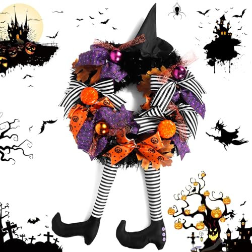 BUOAZR Decoraciones de Halloween, Corona de Bruja de Halloween, Guirnalda de Bruja con Sombrero de Piernas, Hoja de Arce, Calabaza, Decoracion Puerta de Halloween para Interiores y Exteriores
