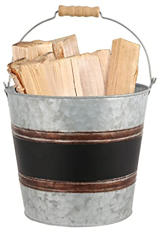 Log Bucket Galvanised Zinc Distressed Effect Metal Kindling Basket | Fireplace Storage, Carrying Handle, Wood Finish, Vintage Style