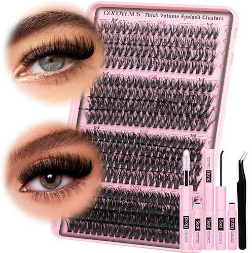 Goddvenus Fluffy Individual Eyelashes Kit 60+70+80+100D Clusters Lashes Kit 320Pcs Eyelash Clusters DIY Lash Extension kit Russian D Curl Lashes Individual Cluster with Bond and Seal (12-18mm Mix)