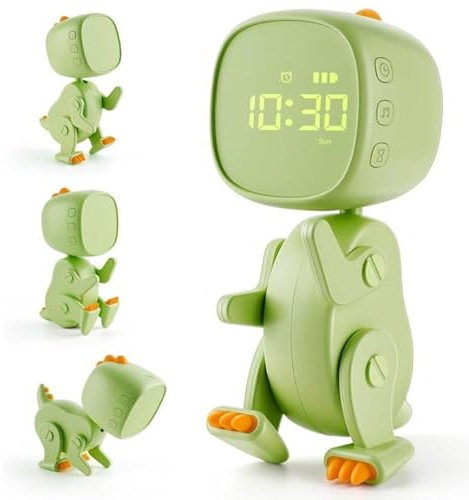 mumisuto Sveglia Digitale Per Bambini, Sveglia Da Comodino Digitale, Sveglia Dinosauro con Forma Variabile, Orologio Da Comodino con 6 Toni Musicali, 3 Impostazioni Di Tempo,1200Mah Batteria Interna
