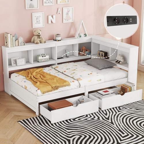 Zravenna Tagesbett 90 x 200 cm mit Stauraum, Schlafsofa mit Lattenrost und 2 Schubladen, Sofa Bett mit Nachttisch,ohne Matratze, Daybett Spanplatte, Weiß