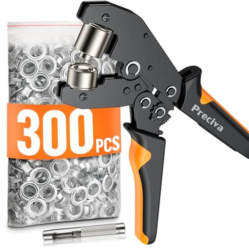 Preciva Eyelet Punch Kit,300 PCS of 10mm Grommets, Ratcheting Pliers Grommet Kit with Leather Hole Punch,Complete Eyelet & Grommet Kit for Tarpaulin Eyelets,Grommet Machine Hand Press Tool for PVC