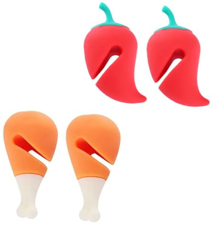 COLLBATH 4pcs Silicone Lid Lifters and Pot Lid Stand Set Heat-Resistant Spill Stopper for Kitchen Cooking Pots Small Chili and Drumstick Design for Home Use