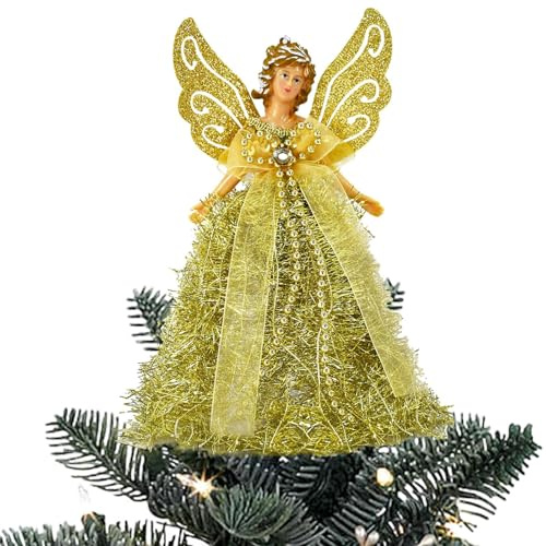 Doiyislem Ángel de punta de árbol de Navidad - Elegantes adornos de corona de árbol con alas, elegantes adornos de 8 pulgadas para decoraciones de árbol de Navidad, regalos de fiesta y oficinas