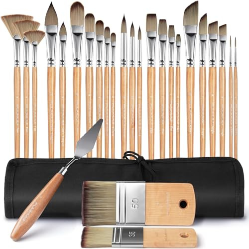Fuumuui 26pcs Paint Brush for Acrylic Painting | Synthetic Bristles with Palette Knife, Short Handle Wide Flat, Filbert, Fan, Dagger, Round, Angle, Rigger Brushes for Acrylic Oil Watercolour Gouache