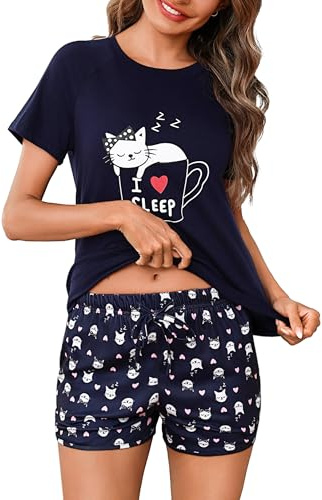 Bresdk Pigiama Donna Corto Estivo in Cotone Pigiami Due Pezzi con Maglietta a Maniche Corte e Pantaloncini Stampa Cuori, Morbido e con Tasche
