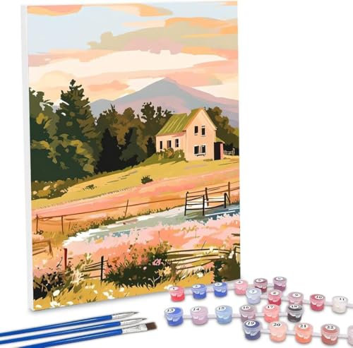 Malen Nach Zahlen Bauernhof Ferienhaus,40x50cm DIY Malen Nach Zahlen Erwachsene, DIY Kreativ Set für Erwachsene Handgemalt Ölgemälde Kits auf Leinwand, Acryl-Malen Nach Zahlen für Wanddeko s-558