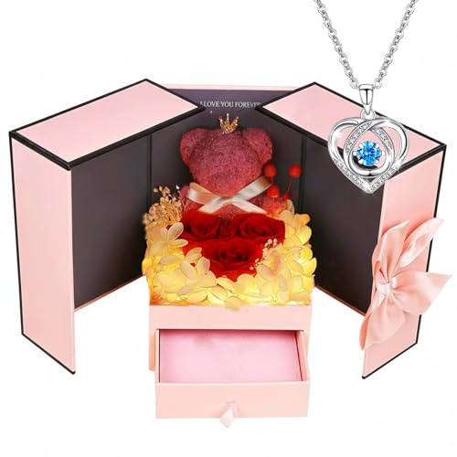 Johiux Muttertagsgeschenk für Mama,Frauen Ewige Rosen Blume mit LED-Lichtern und Halskette -Infinity Rosenbär Geschenk für Sie,Jahrestagsgeschenk für Mama, Ehefrau,Freundin
