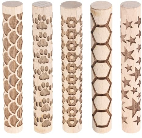sourcing map 5pcs Wood Clay Roller 10cm Flower Paw Print Hexagon Star Fan Pattern Rolling Pins Pottery Tools Wood Grain Texture Rollers for Clay Baking Dough Playdough DIY