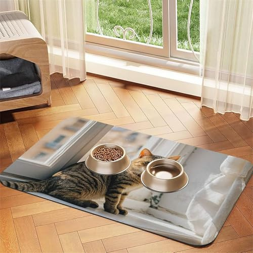 Cat Sitting On Windowsill Dog Food Mats for Floors, 12x18 Inch Non-Slip Super Absorbent Pet Food Mat, Dishwasher Dog Mat for Food and Water, Cute Rubber Quick Dry Pet Feeding Mat for Dogs Puppy Cats