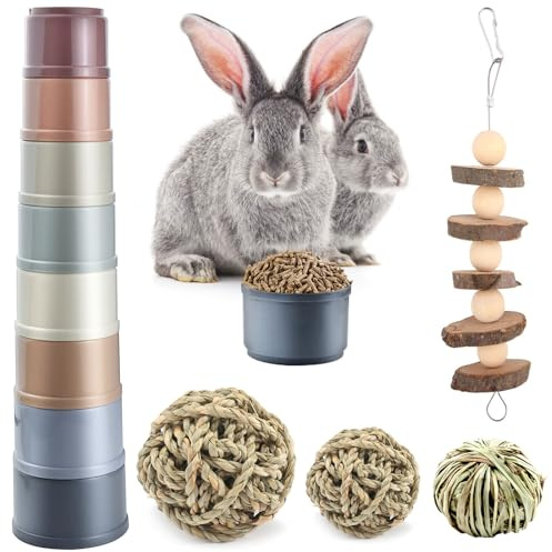GZhaimai Set di 12 giocattoli per conigli con 8 bicchieri impilabili per conigli, 3 palline di erba tessute a mano, 1 ponte a scala in legno, sicuro e non tossico per conigli e piccoli animali per
