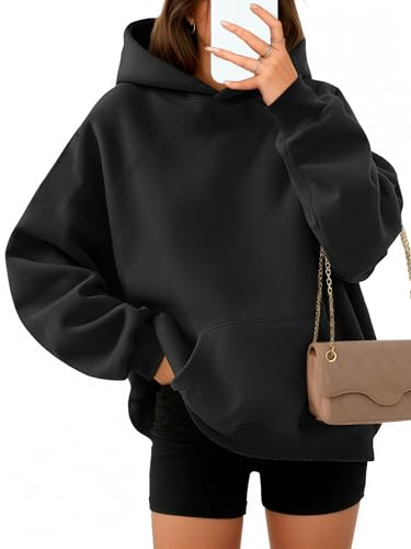 Timuspo huvtröja dam oversize bekväm bomullströja casual huvtröja enfärgad basic huva långärmad tröja med huva mode toppar höst, svart, M