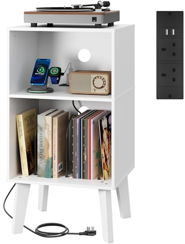 WLIVE 3-Tier Record Player Stand, Charging Station, Turntable Stand Cabinet | 2 AC Outlets & 2 USB Ports,Adjustable Dividers and Vinyl Storage, Holds Up to 150 Records for Turntables, Albums & Media Gear
