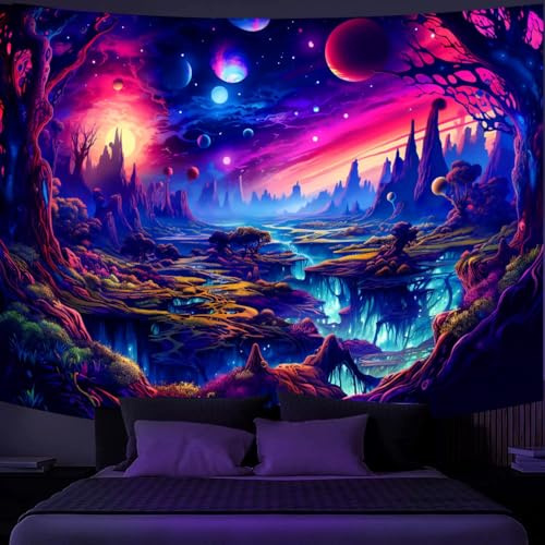 Simpkeely Fantasy Planet Tapestry, Blacklight Forest Natural Landscape Retro Aesthetic Wall Hanging, UV Reactive Sunset Trees Tapestries for Bedroom, Living Room - 94.5 x 126