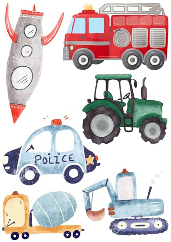 Bügelbild Set Fahrzeuge,Rakete,Feuerwehr,Polizei,Traktor,Bagger,Betonmischer-für Textilien,Aufbügler,aufbügeln,Kinder,Geburtstag,T-Shirt,Turnbeutel,DIY,Geschenk,Rucksack,Schultüte,Kita,Schule
