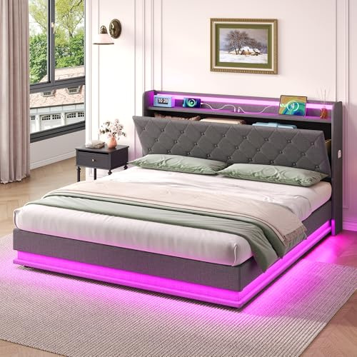 Upholstered Ottoman Bed with Hydraulic Lift & LED Concealed Storage Headboard, 4ft6 Double Bed Frame with LED Lighting & Charging Station, Linen Functional Lift Up Storage Beds, Grey, No Mattress