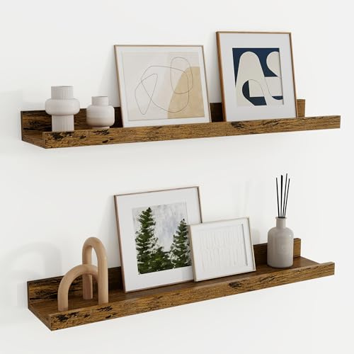 Wandregal Holz 60 cm, Regal Wand Bilderleiste für Bilderrahmen und Bücher 2er Set, Schweberegal aus MDF Holz, Regalbrett Wandboard für Küche, Wohnzimmer, Schlafzimmer & Arbeitszimmer, Vintage Braun