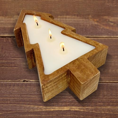 Aromatherapy Candle, SEVEYEE Tree-Shaped Wooden Wax Candle 3wicks 12oz, Large Wooden Bowl Candles for Women,Girl Birthday Gift,Apple Fragrance