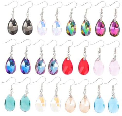 LRXIYODE 12 paires Boucles Oreilles Pendantes Femme Cristal Verre Goutte Eau Chic Multifonction Assorties Cadeau Mode Quotidienne