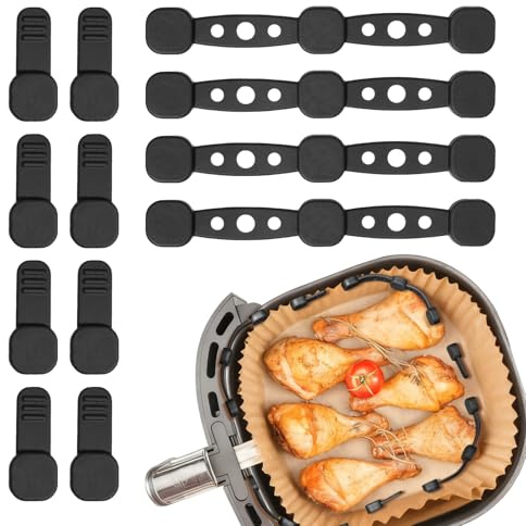 KATLINNA 12 Pièces Boucles Magnétiques en Silicone pour Friteuse à Air, 4 Aimants Longs et 8 Aimants Carré Aimant Air Fryer pour la Fixation du Papier Sulfurisé(Noir)