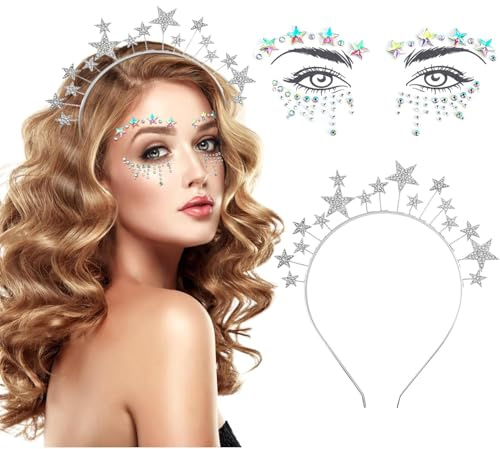 Sterne Haarreif Silber Sterne Stirnband Haarreifen Glitzer Haarschmuck Strass Haarband Gesichtstattoo für Damen Mädchen Karneval Kostümparty Halloween Geburtstag Party Kostüm