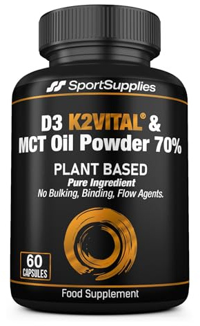 Plant Based Vitamin D3, K2 with Added Coconut MCT Oil Powder 70% - No Bulking, Binding, Flow Agents - The Next Generation and Upgraded D3 K2 Supplement Capsules