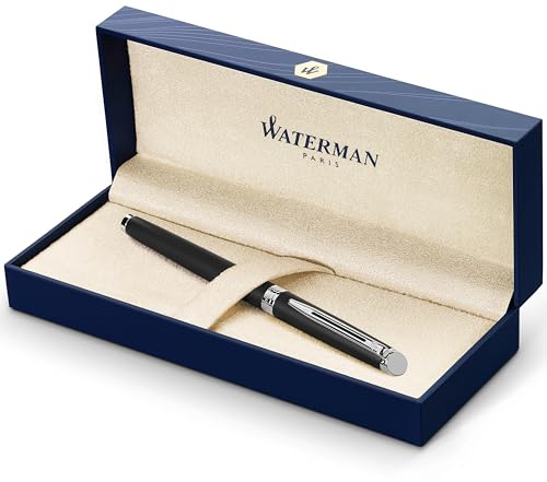 Waterman Hémisphère Tintenroller | Mattschwarz mit Chromzierteile | feine Spitze | Schwarze Tinte | Geschenkbox