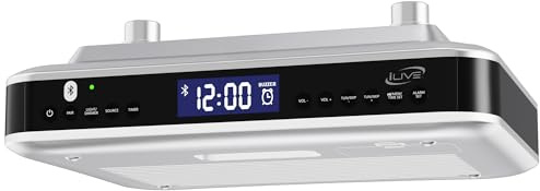iLive Under Cabinet Bluetooth FM Radio for Kitchen, Wireless Stereo with Built-in Clock & Timer, 20 FM Presets, Negative LCD, 60-Ft Range, Under-Cabinet Mounting Hardware, AC Powered + Battery Backup