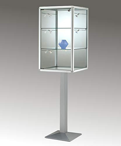 MHN Schmuckvitrine mit Standfuß T 52,5 x B 52,5 x H 197 cm - hohe Juwelier-Stand-Vitrine abschließbar - Silberne Glasvitrine mit Schloss - ohne Beleuchtung