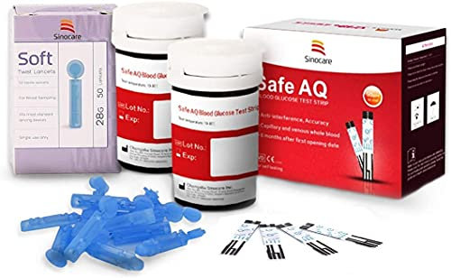 Sinocare Diabete Blood Glucose Test Strips x 50 & Diabetes Lancets x 50, Safe AQ Test Strips, Blood Suger Test Strips for Safe AQ Smart/Voice Only