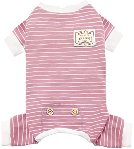 KYEESE Dog Pajamas Soft Striped Pet Jumpsuit Lightweight Doggie Jammies 4 Legs Dog Clothes Stretchable Pajamas Breathable Cozy Outfit Comfortable Onesie Sleepwear for Small Dogs,Pink Striped, Large