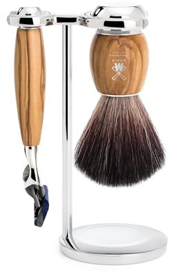 MÜHLE Vivo Rasierset - Rasierer kompatibel mit Gillette-Klingen und Rasierpinsel Black Fibre, Halterung, Olivenholz Griff