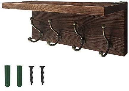 Kolymax Rustic Coat Rack Wall Mounted, Brown Solid Wood Entryway Shelf with Hooks Perfect Touch for Your Mudroom, Kitchen, Bathroom and More