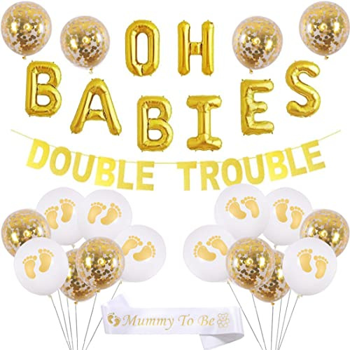 JOYMEMO Zwillinge Babyparty Dekorationen Set Gold Thema Banner, OH Babys Luftballons, Mumie Schärpe für Babys Partyzubehör