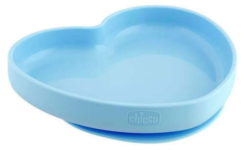 Chicco Piatto Cuore con Ventosa per Bambini, Piatto Pappa in Silicone, Morbido e Resistente, Lavabile in Lavastoviglie, Adatto per il Microonde, 12+ Mesi, Blu